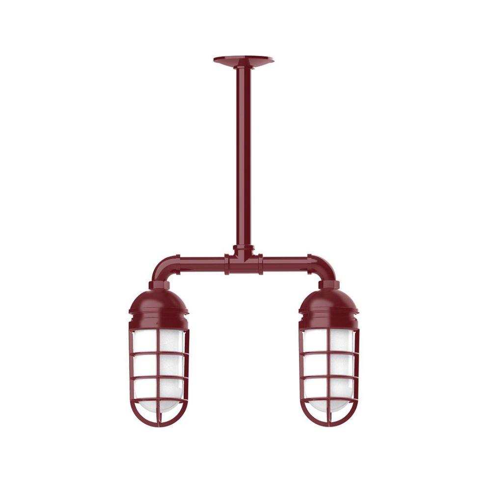 Montclair Lightworks MSA050-55-G07 Vaportite, 2-light stem hung pendant with frosted glass and cast guard, Barn Red